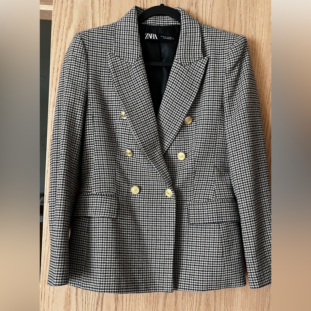Zara Black tan green Houndstooth Blazer with Gold Buttons M New
